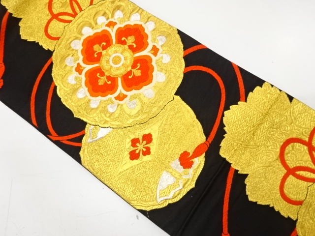 JAPANESE KIMONO / ANTIQUE FUKURO OBI / SILK / WOVEN MIRROR & PAULOWNIA & BUTTERFLY